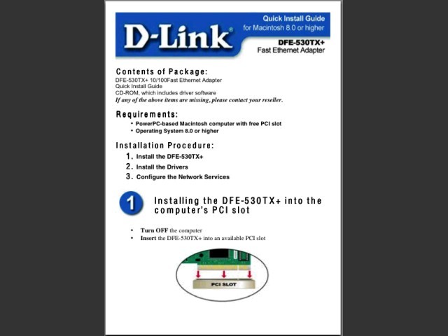 Dlink DFE-530TX+ Ethernet 10/100 Network PCI card drivers for Mac OS 8, 9 & X (2003)