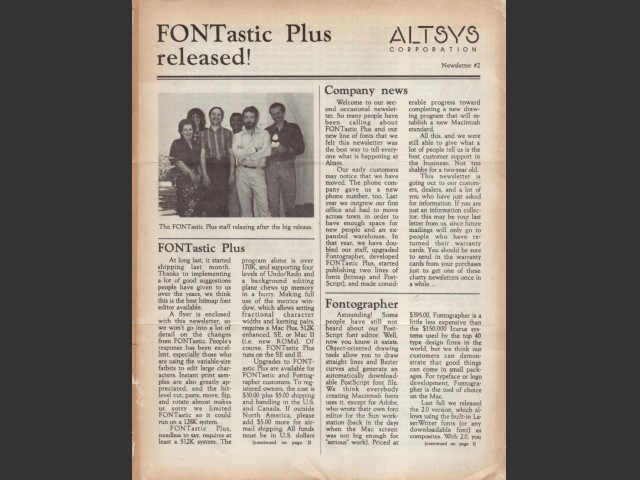 Altsys Corporation Newsletter (1986)