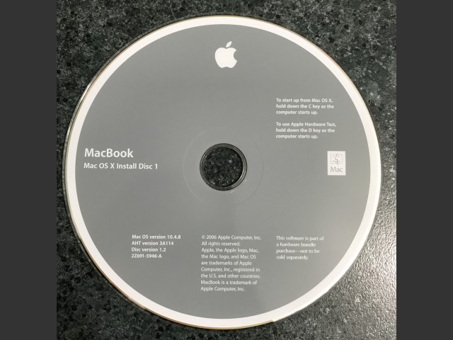 691-5946-A,2Z,MacBook. Mac OS X Install Disc 1. Mac OS v10.4.8. AHT v3A114. Disc v1.2... (2006)