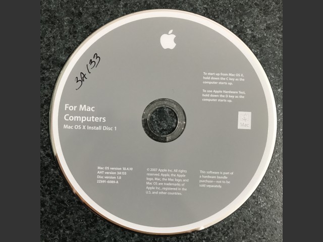 691-6089-A,2Z,For Mac Computers. Mac OS X Install Disc 1. Mac OS v10.4.10. AHT v3A133.... (2007)