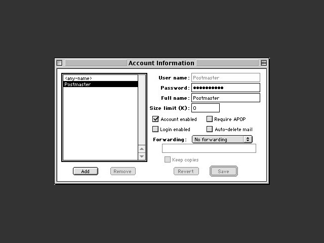 Accounts configuration screen 
