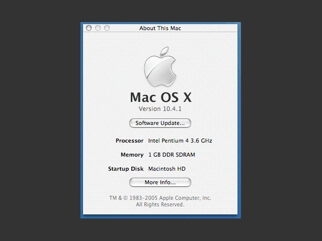 Mac OS X 10.4.1 for x86 (aka the deadmoo image) (2005)