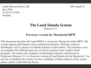The Lund Simula System Release 4.11, Freeware version for Macintosh/MPW (1993)