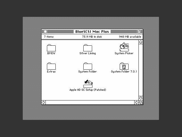 System 7.0.1 BlueSCSI bootable image for Macintosh Plus (with Mac ROM-inator tools) (1991)
