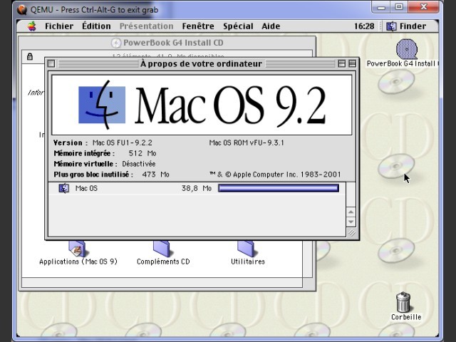 QEMU démarré avec l'image de disque Mac OS 9.2.2 pour PB G4 