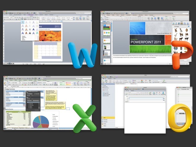 Screenshots of Word, PowerPoint, Excel, and Outlook. 