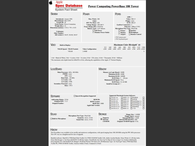 Power Computing -  PowerBase 180 Specification (1996)