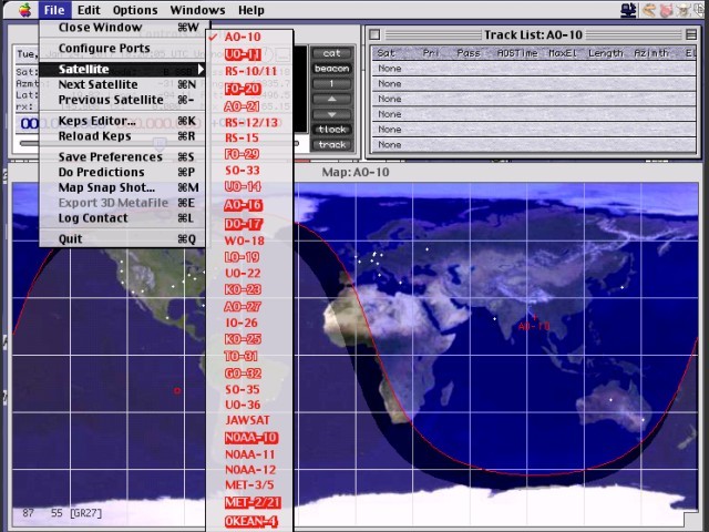 MacDoppler PRO in action, showing all available satellites to track 
