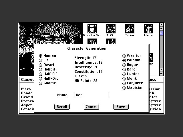 Character creation window 