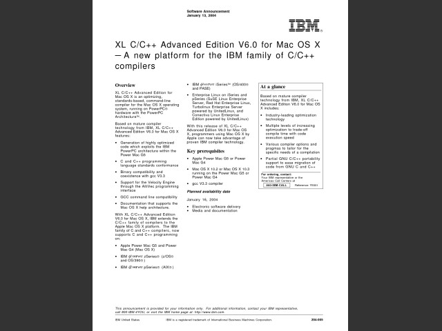 IBM XL C/C++ Advanced Edition 6.0 for Mac OS X (2004)