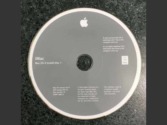 691-5883-A,2Z,iMac Mac OS X Install Disc 1. Mac OS v10.4.7. AHT v3A112. Disc v1.0 (DVD... (2006)