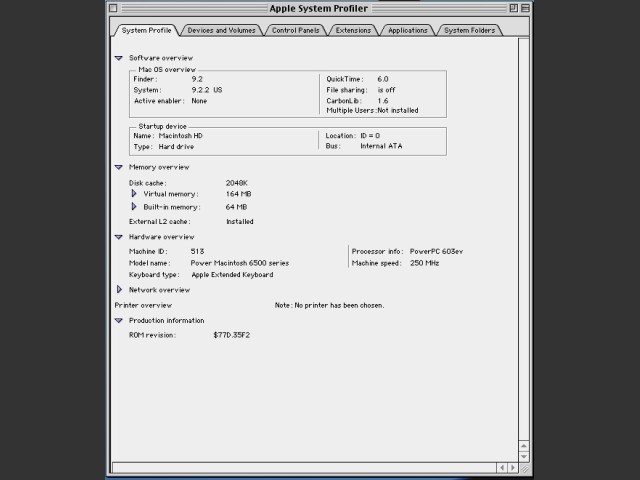 Apple System Profiler, showing Finder 9.2 and System 9.2.2 on PM6500, Machine ID 513 