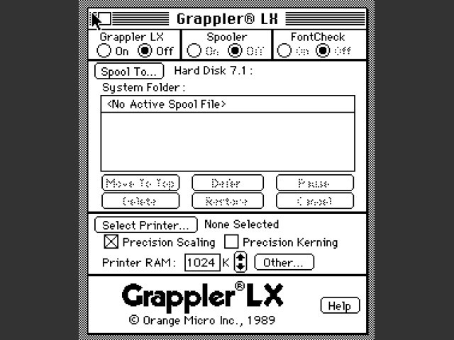 Grappler LX window running on System 7.1 