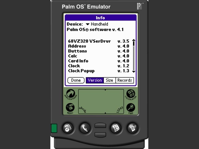 Palm OS Emulator showing the Info screen 
