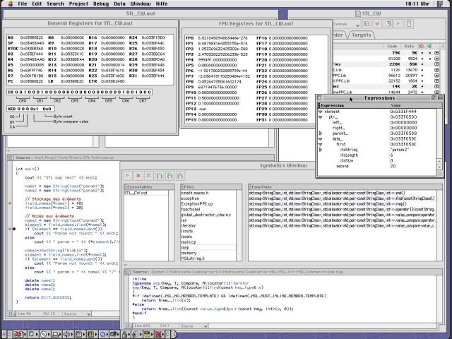 Debugger with information windows: Expressions, Symbolics (file) and Registers 